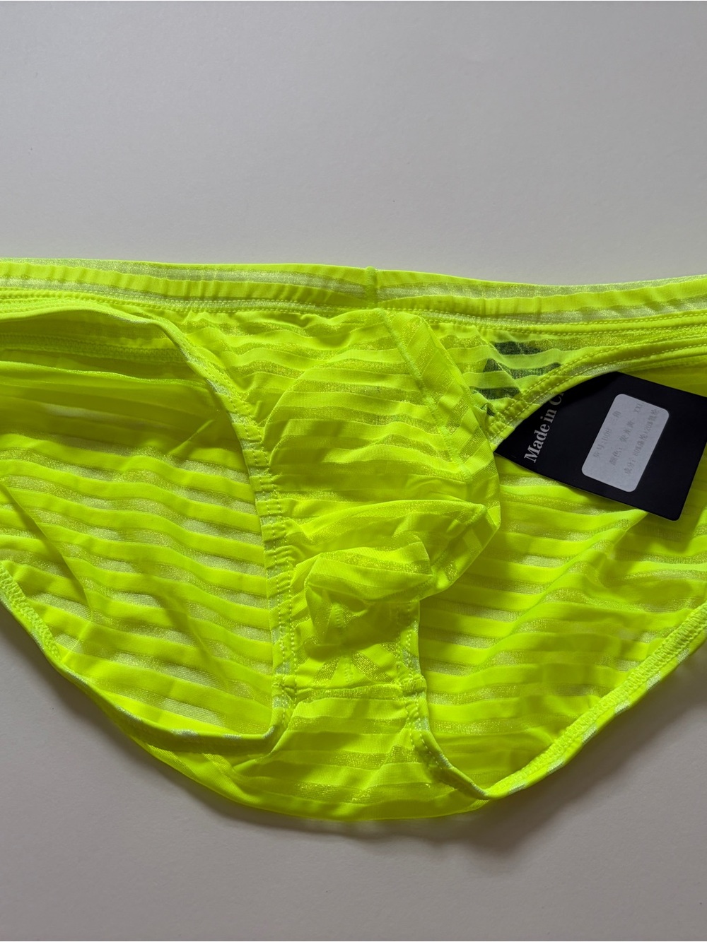 Neon Yellow Men’s Briefs - Sheer Stripe Design - Picture 1 of 1